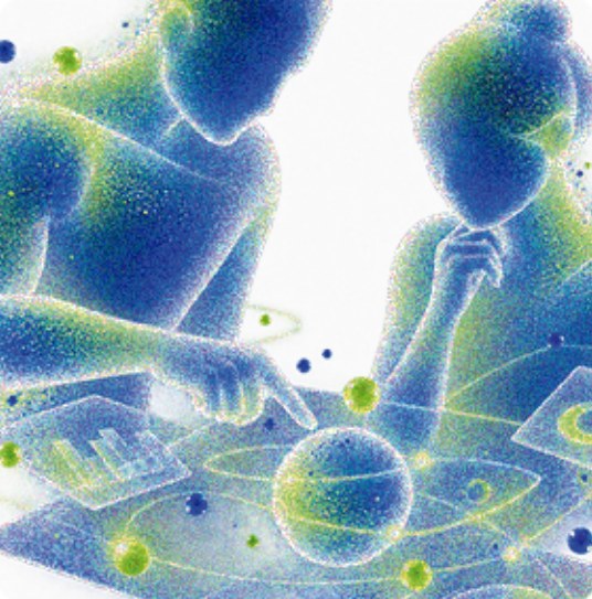 Ilustración de partículas azules y verdes con dos personas trabajando sobre un mapa