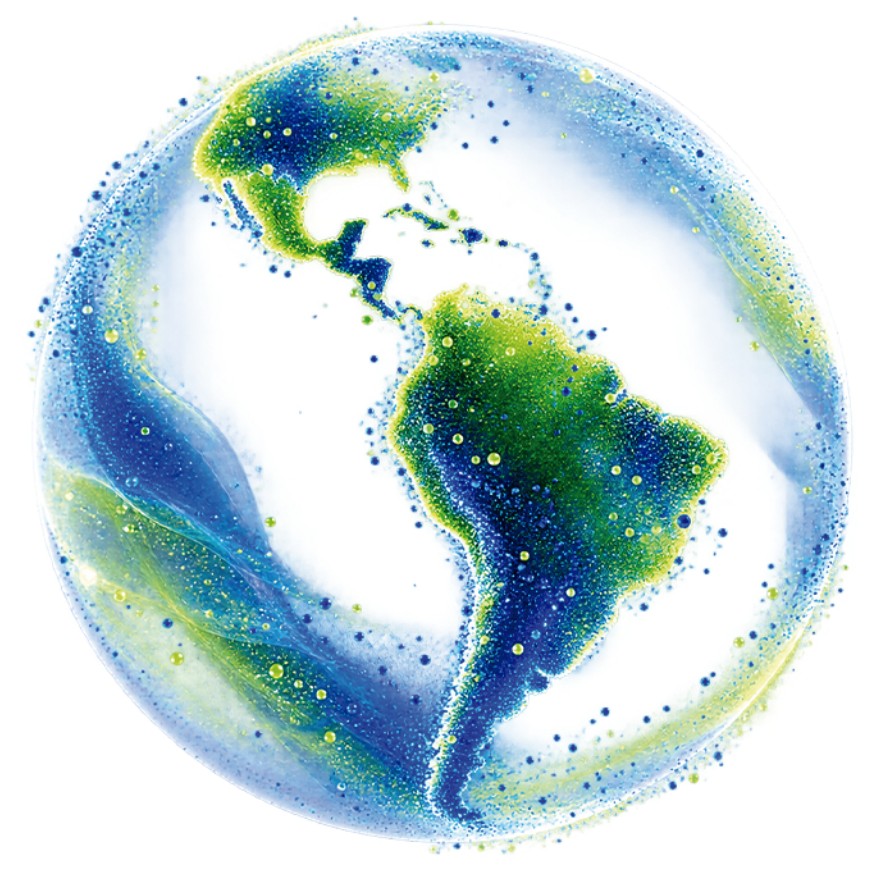 Globo terráqueo formado por partículas azules y verdes, centrado en Latinoamérica